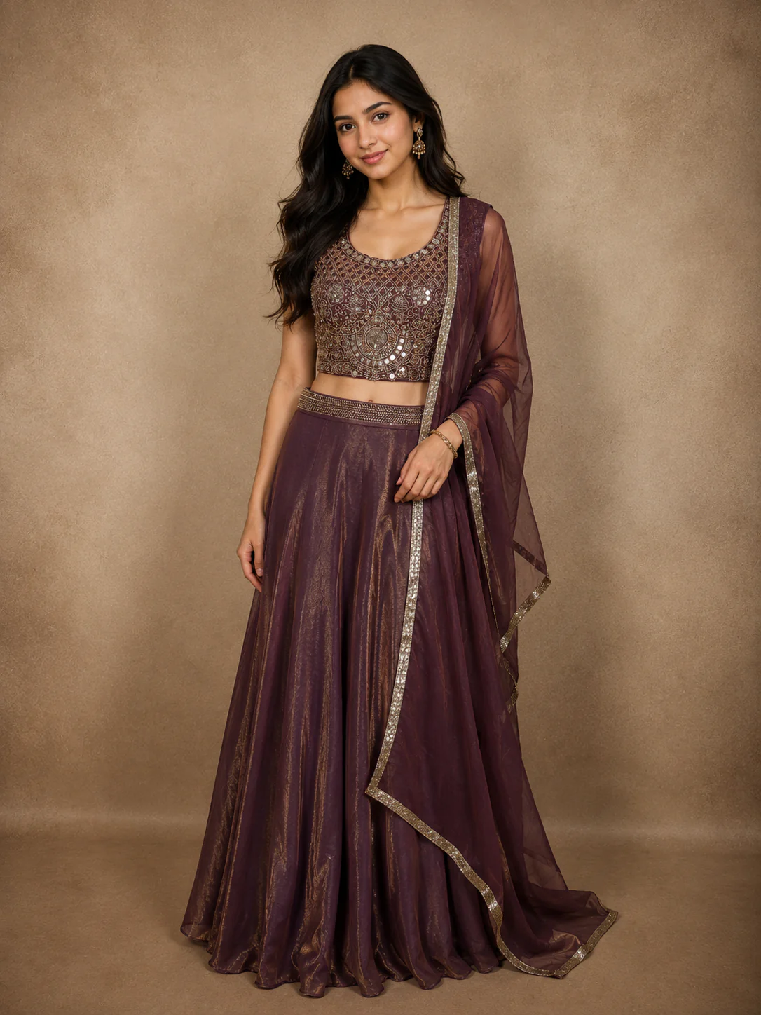 Deep Plum Purple Heavy Sequins and Beads Embroidered Design Organza Lehenga with Dupatta